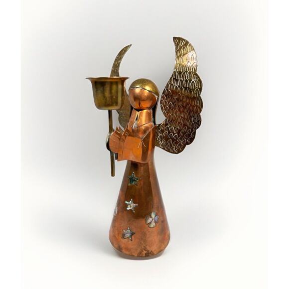 VTG Copper and Brass Angel Candle Holder Inlaid Abalone Mexico 9" Textured Wings - Picture 1 of 6